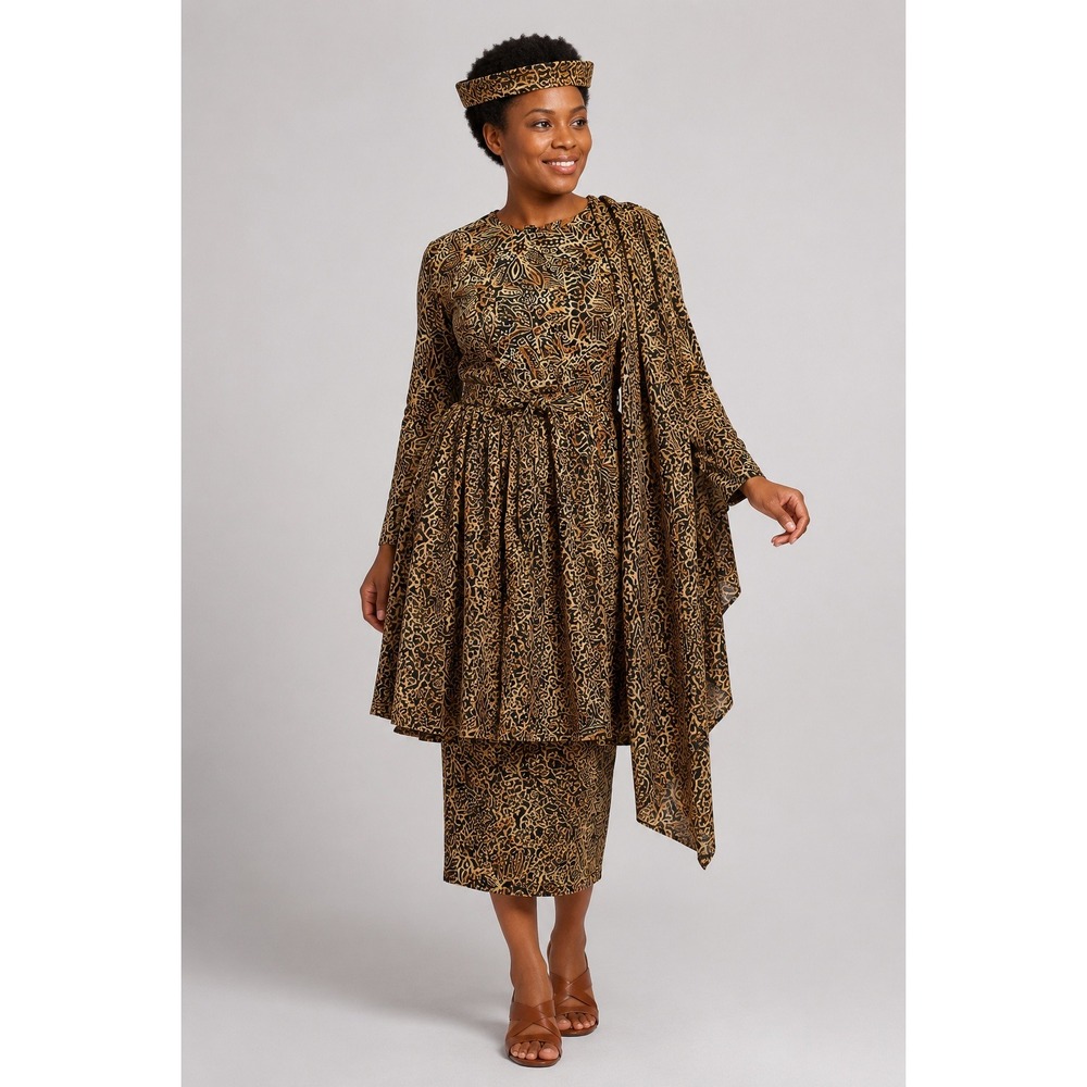 Handmade African Batik 5 Pc Tunic Skirt Open Crown Hat Wrap Belt Set Vintage M